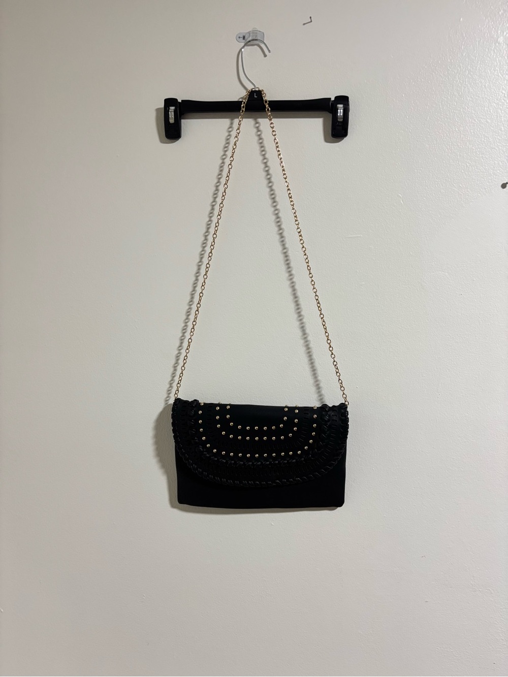 Black Crossbody Bag with Gold Chain and Stud Detail